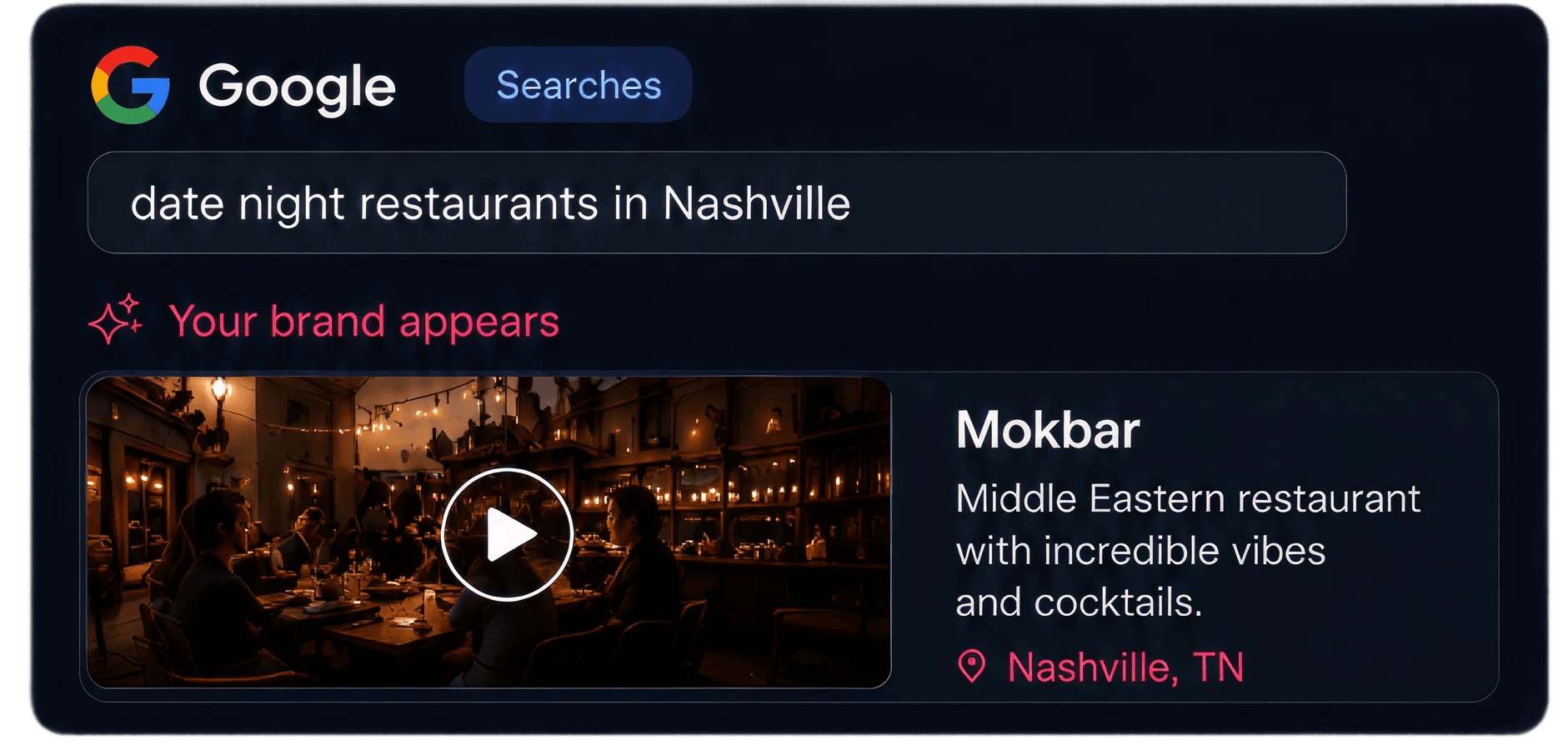 Google searching "date night restaurants in Nashville" — your brand (Mokbar) appears