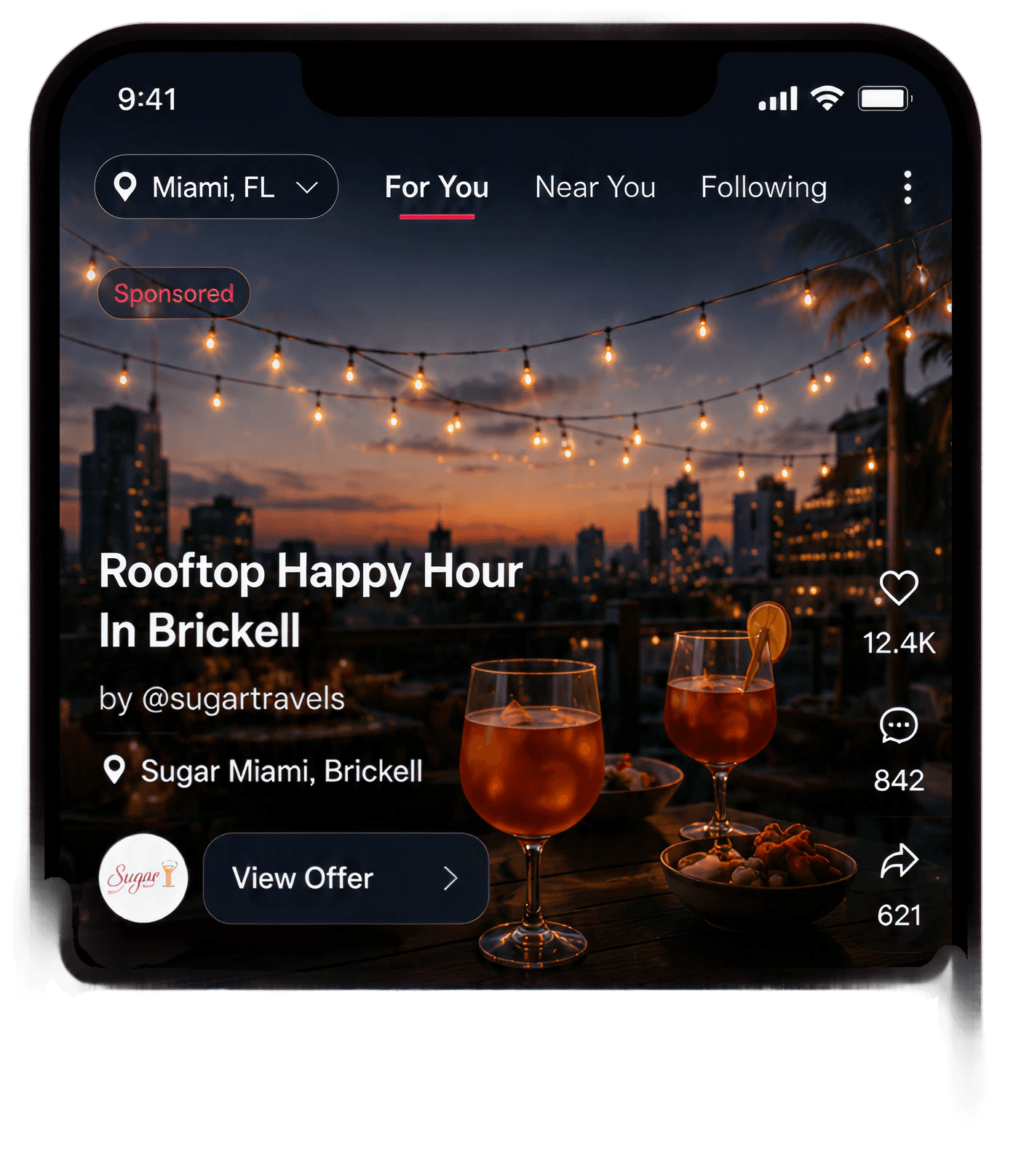 Atmosfy feed showing a sponsored creator video — Rooftop Happy Hour in Brickell, Miami