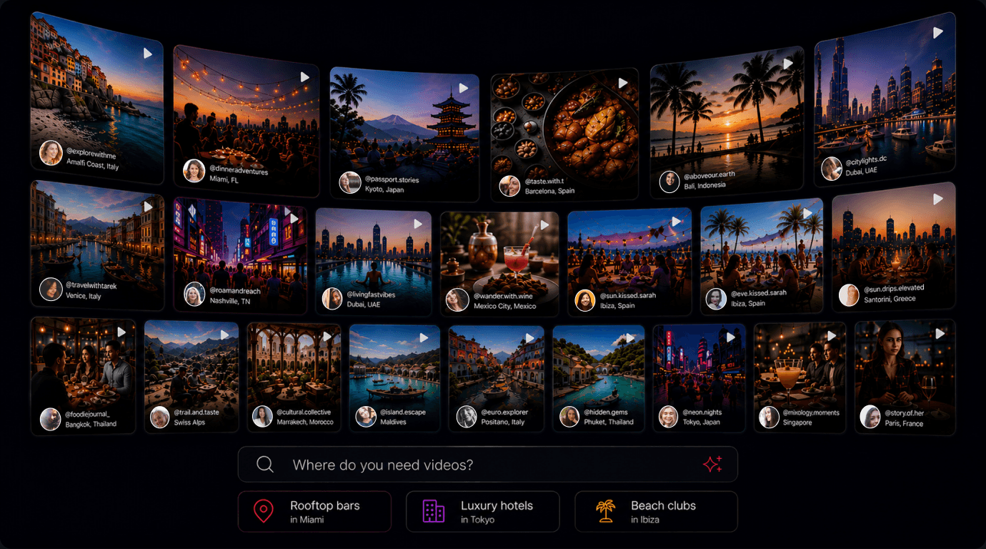 A world of licensed creator videos across cities, searchable by where you need video