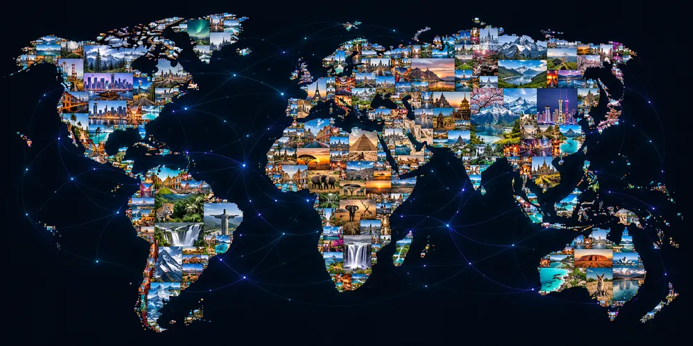 World map formed from photographic travel thumbnails